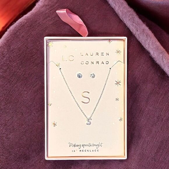 LC Lauren Conrad S Initial Rhinestone Silver Tone Earring And Necklace Set NWT - Picture 1 of 4